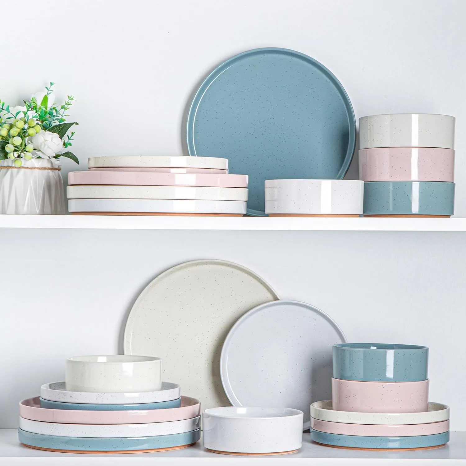 AmorArc Ceramic Dinnerware Set for 4 | Handpainted Stoneware Plates and Bowls with Rustic unglazed terracotta | Scratch Resistant, Dishwasher & Microwave Safe Dishes Sets- 12-Pcs Colorful