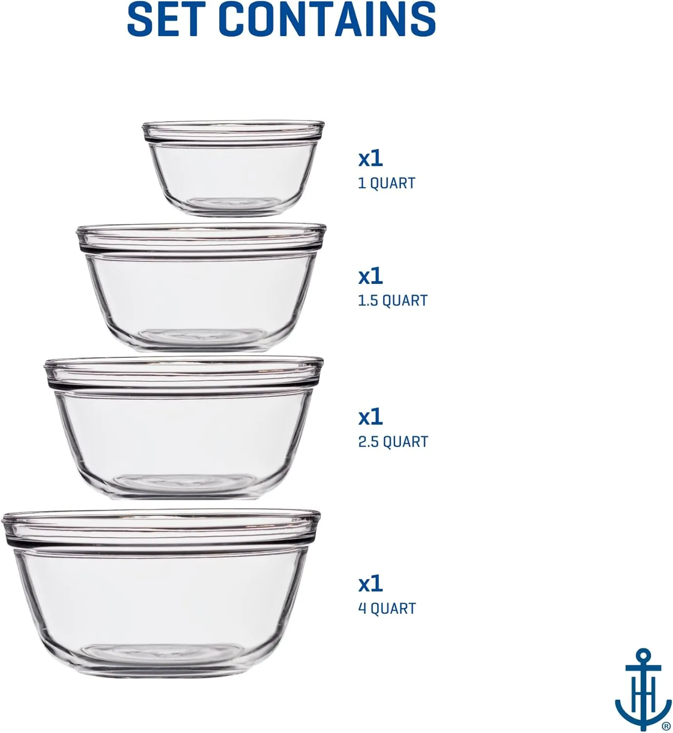 Anchor Hocking 4 Piece Glass Mixing Bowls Set – Durable, Microwave, Oven, and Dishwasher Safe – Perfect for Prep, Mixing, Serving, and Storage – Made in USA