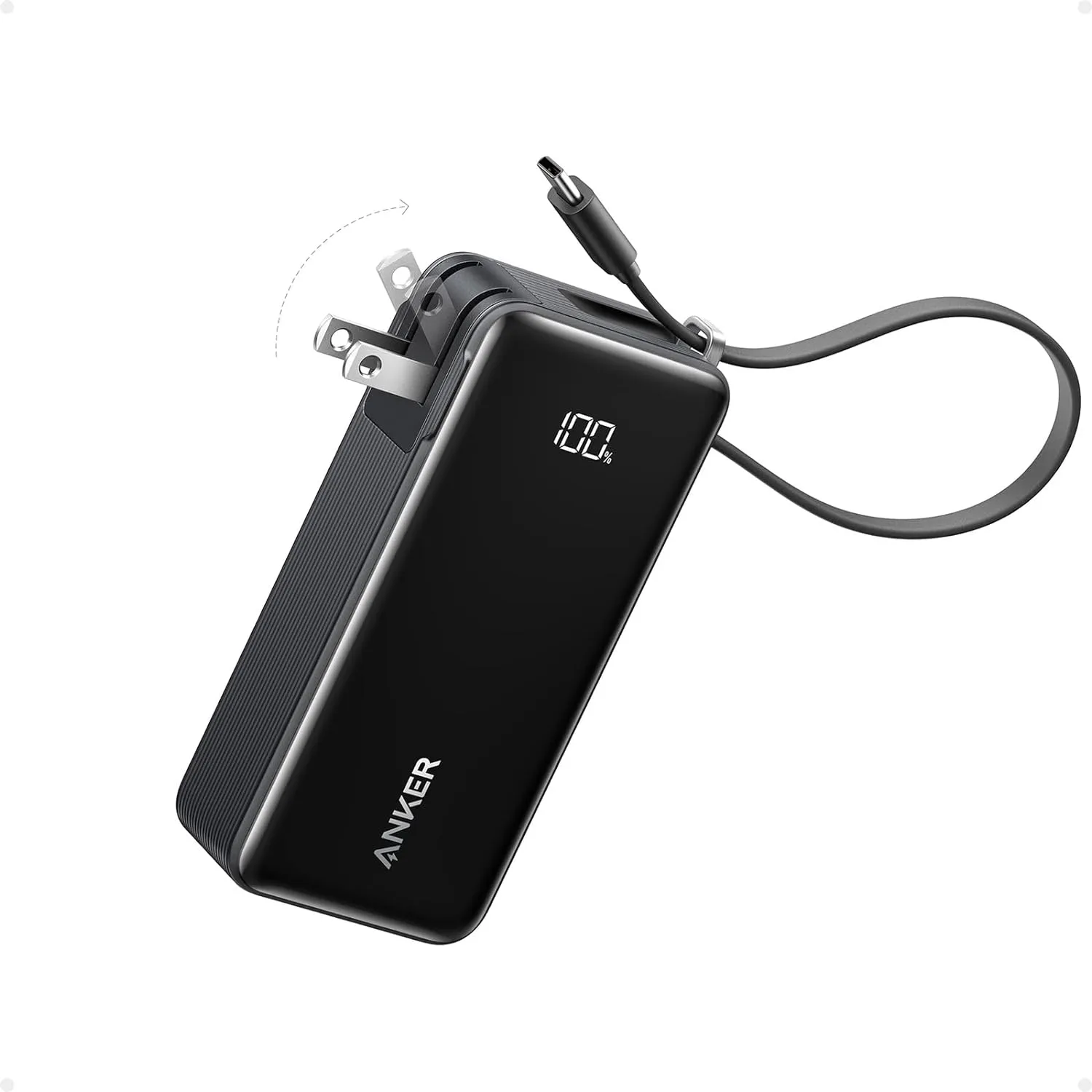 ANKER Nano 3-in-1 Portable iPhone Charger, 10,000mAh Power Bank with Built-in USB-C Cable and Foldable Wall Plug, 30W Max Battery Pack, Travel Essentials for iPhone 16/15 Series, Galaxy, MacBook