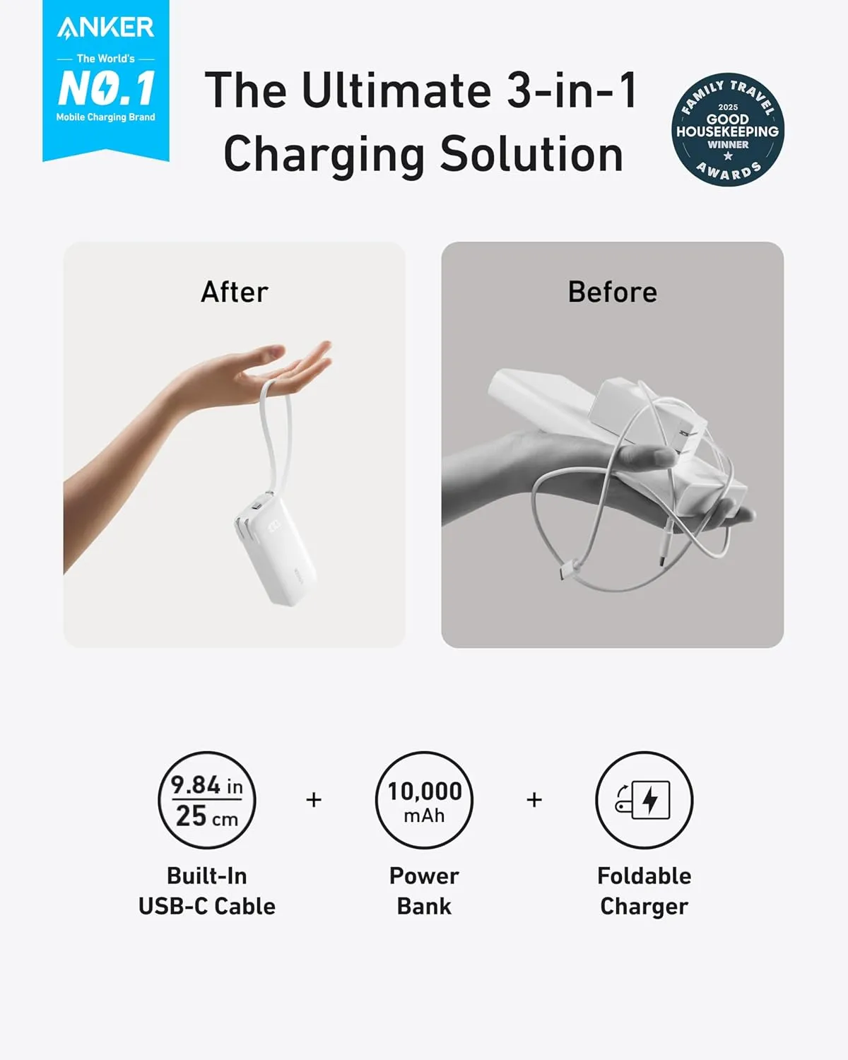 ANKER Nano 3-in-1 Portable iPhone Charger, 10,000mAh Power Bank with Built-in USB-C Cable and Foldable Wall Plug, 30W Max Battery Pack, Travel Essentials for iPhone 16/15 Series, Galaxy, MacBook