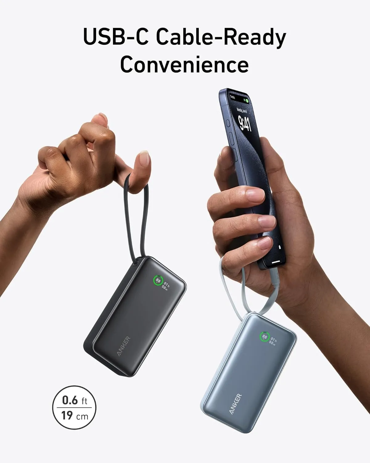 Anker Nano Power Bank, 10,000mAh Portable Charger with Built-In USB-C Cable, 30W Max Output, for iPhone 16/15 Series, MacBook, AirPods, and More