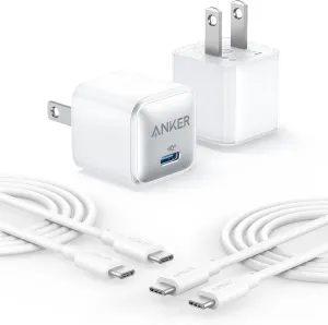 Anker USB C Charger Block, 20W PIQ 3.0 Compact Fast Charging for iPhone 16/15 and More Series, Galaxy, Pixel 4/3, iPad (2 Pack & 2 Cable)