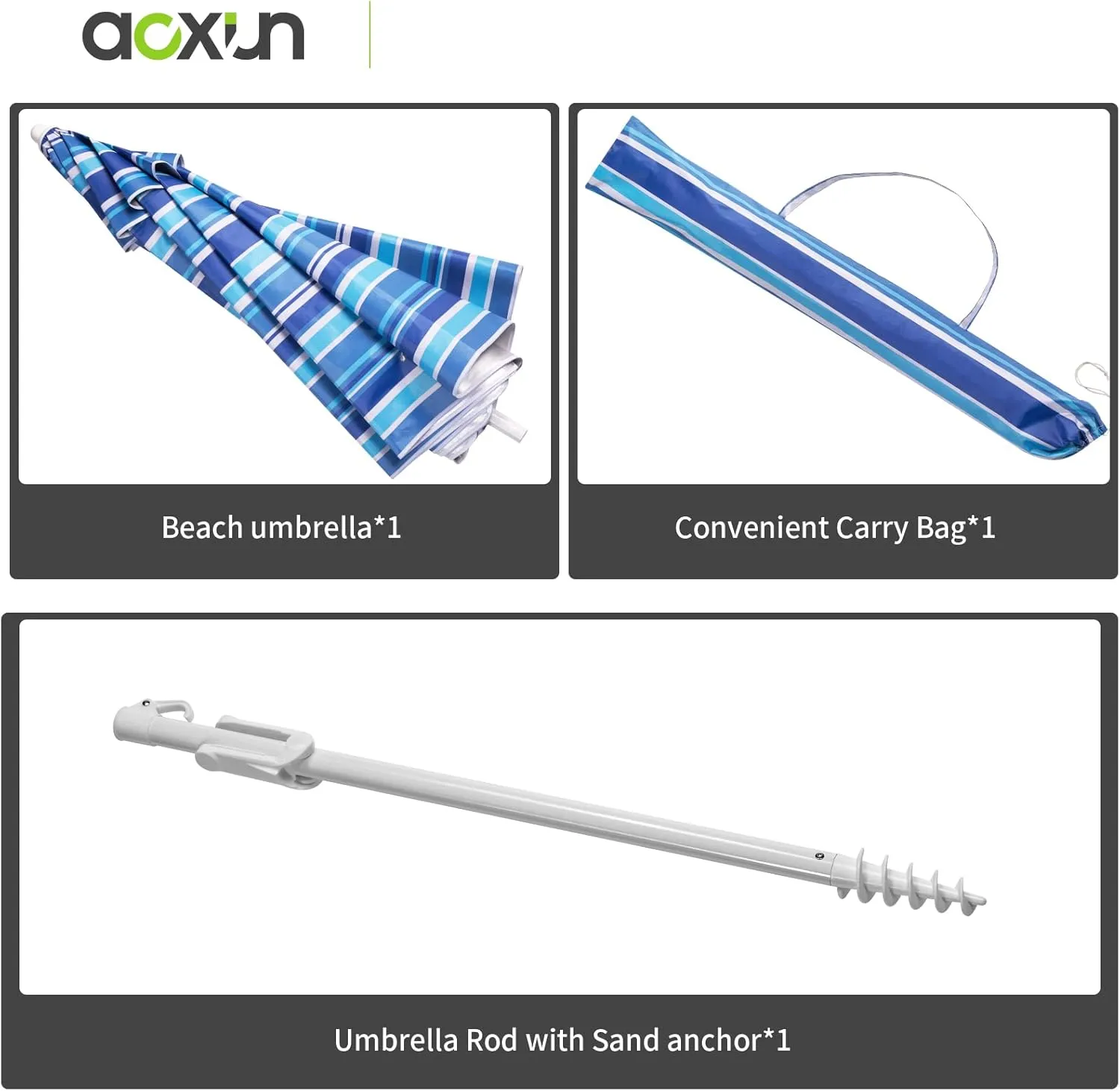 Aoxun Beach Umbrella with Tilt Pole, Portable Sand Anchor and Carry Bag, UPF 50  Sun Shelter Air Vents Design for Outdoor Activities (Navy Blue & White), 6.5ft