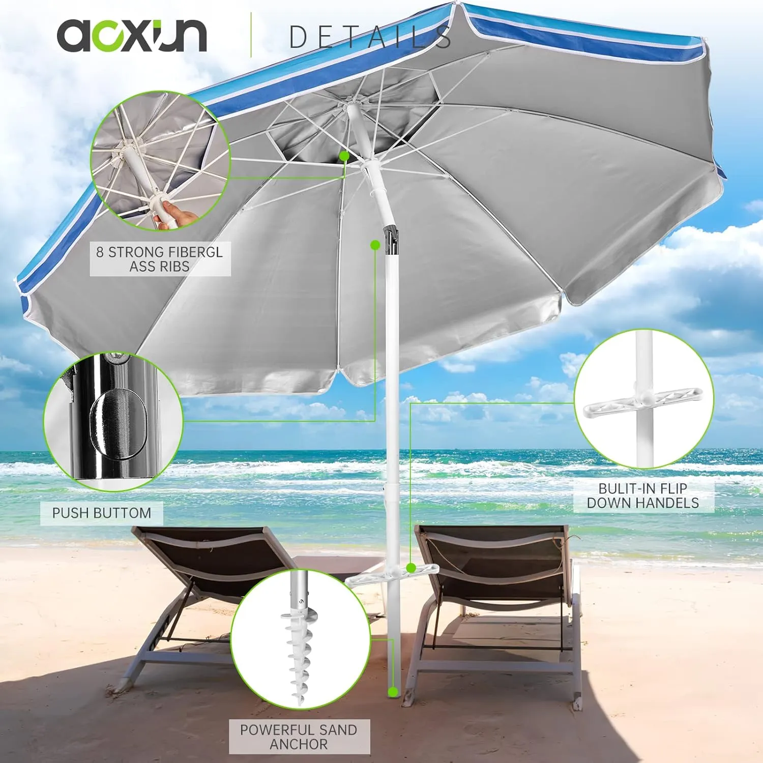 Aoxun Beach Umbrella with Tilt Pole, Portable Sand Anchor and Carry Bag, UPF 50  Sun Shelter Air Vents Design for Outdoor Activities (Navy Blue & White), 6.5ft