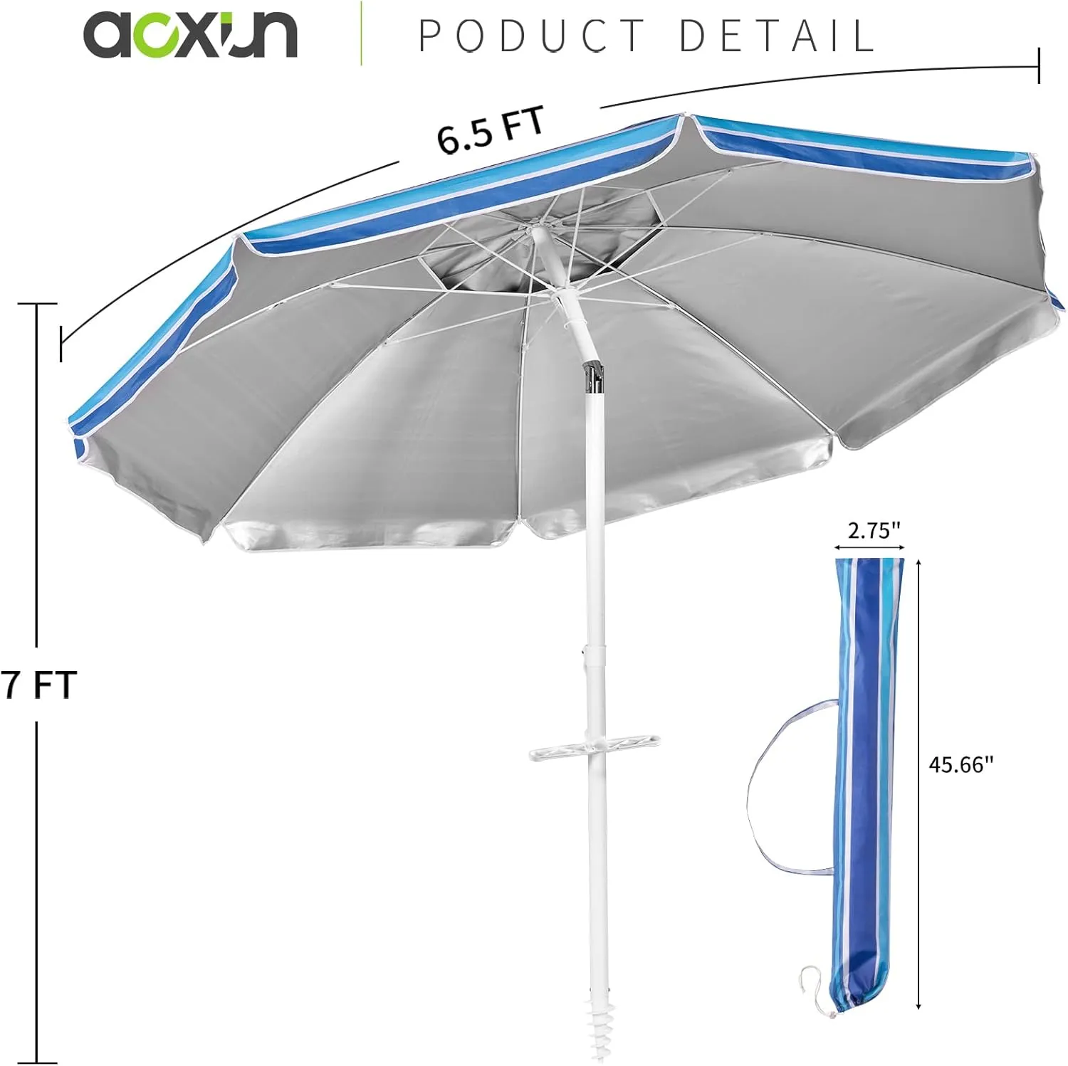 Aoxun Beach Umbrella with Tilt Pole, Portable Sand Anchor and Carry Bag, UPF 50  Sun Shelter Air Vents Design for Outdoor Activities (Navy Blue & White), 6.5ft