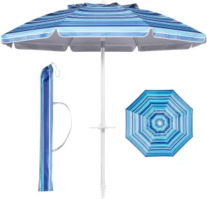 Aoxun Beach Umbrella with Tilt Pole, Portable Sand Anchor and Carry Bag, UPF 50  Sun Shelter Air Vents Design for Outdoor Activities (Navy Blue & White), 6.5ft