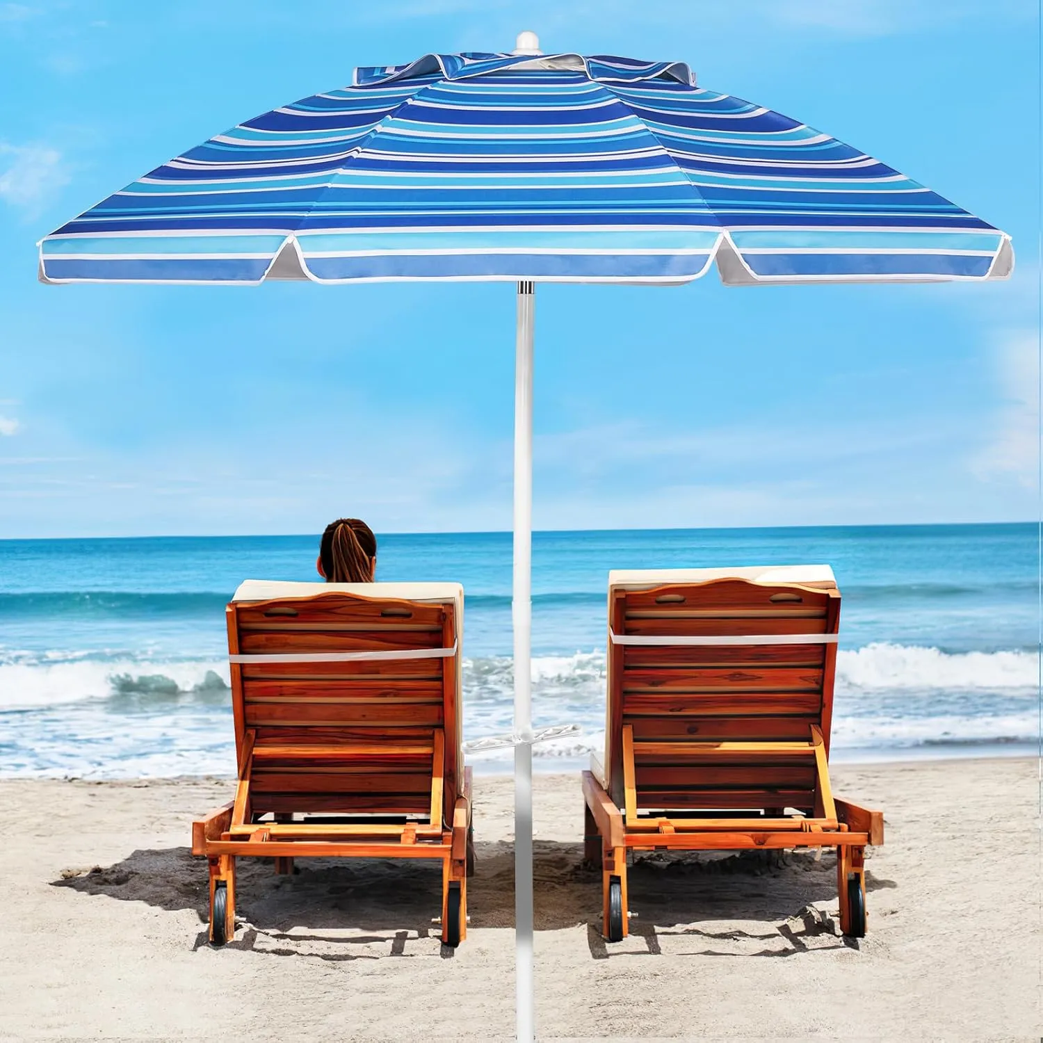 Aoxun Beach Umbrella with Tilt Pole, Portable Sand Anchor and Carry Bag, UPF 50  Sun Shelter Air Vents Design for Outdoor Activities (Navy Blue & White), 7.5ft