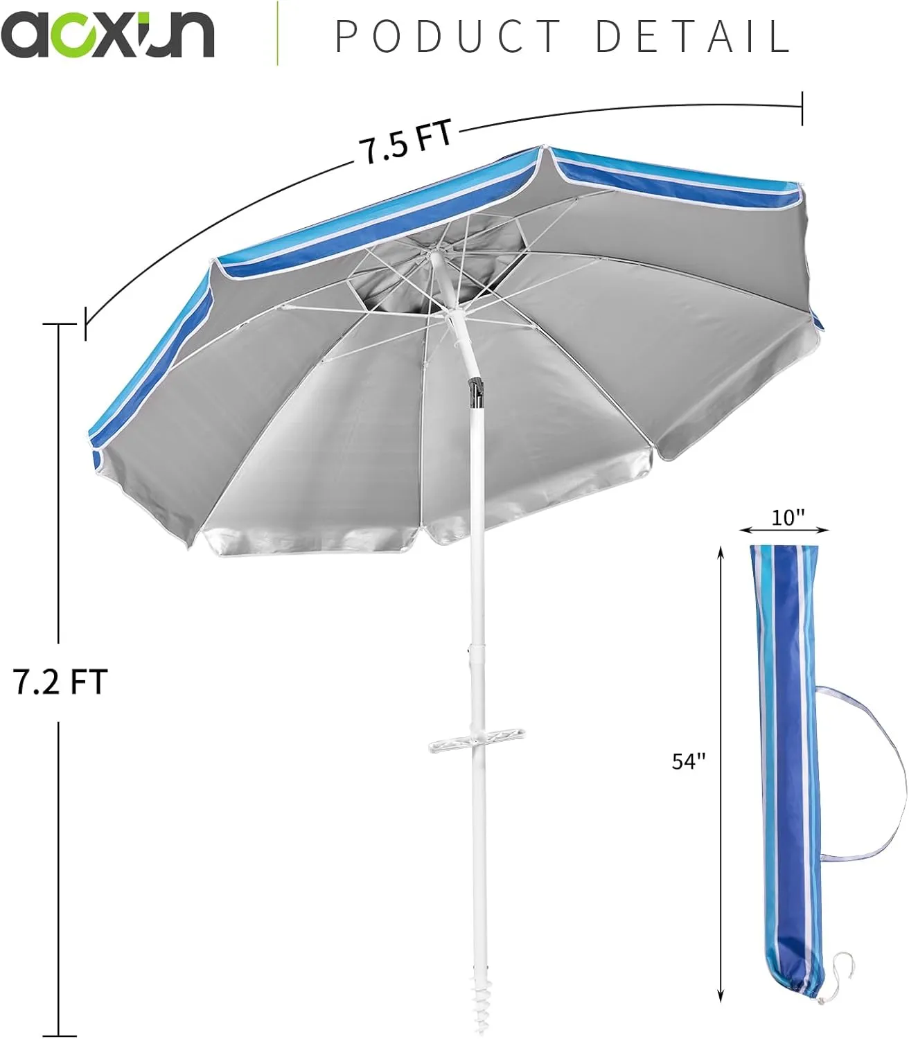 Aoxun Beach Umbrella with Tilt Pole, Portable Sand Anchor and Carry Bag, UPF 50  Sun Shelter Air Vents Design for Outdoor Activities (Navy Blue & White), 7.5ft