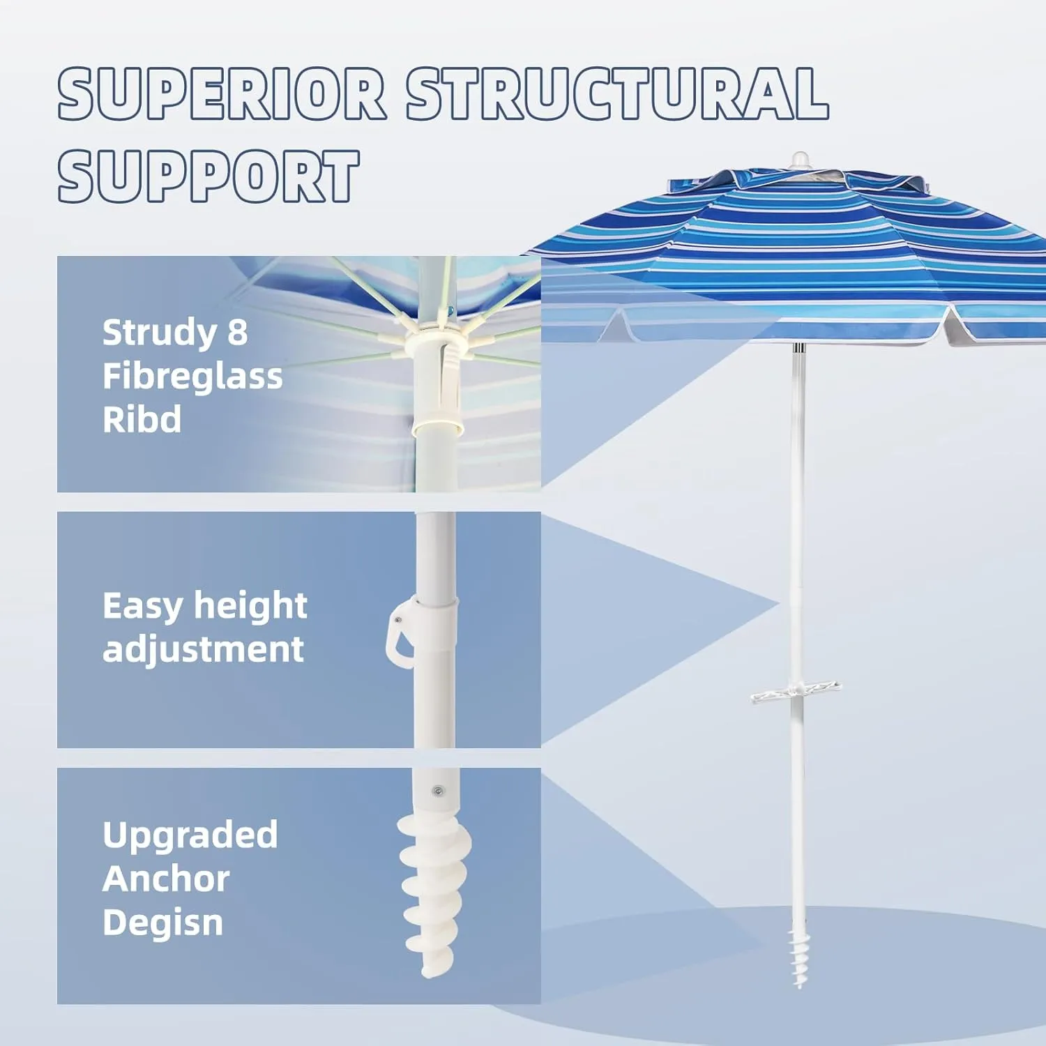 Aoxun Beach Umbrella with Tilt Pole, Portable Sand Anchor and Carry Bag, UPF 50  Sun Shelter Air Vents Design for Outdoor Activities (Navy Blue & White), 7.5ft