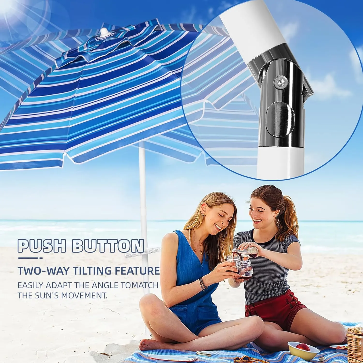 Aoxun Beach Umbrella with Tilt Pole, Portable Sand Anchor and Carry Bag, UPF 50  Sun Shelter Air Vents Design for Outdoor Activities (Navy Blue & White), 7.5ft