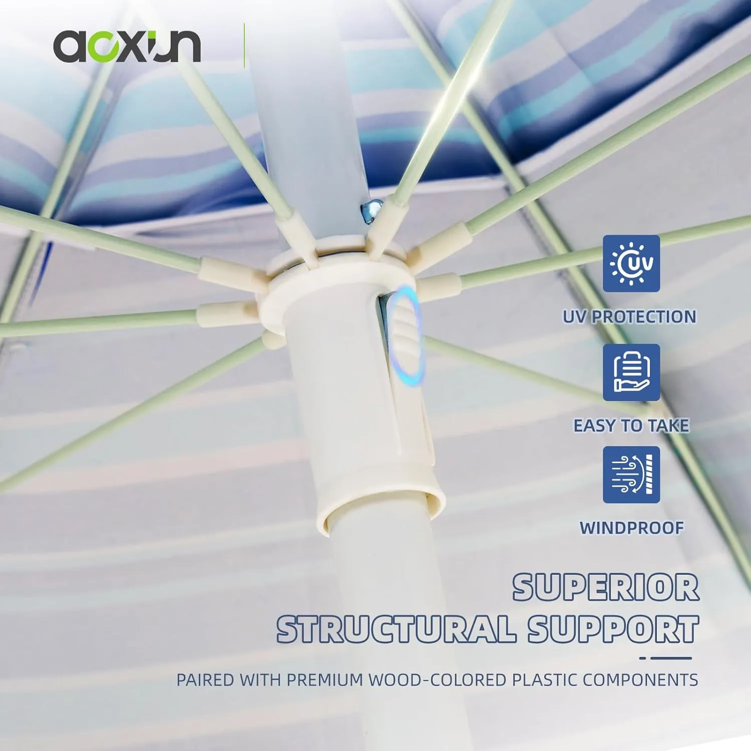 Aoxun Beach Umbrella with Tilt Pole, Portable Sand Anchor and Carry Bag, UPF 50  Sun Shelter Air Vents Design for Outdoor Activities (Navy Blue & White), 7.5ft