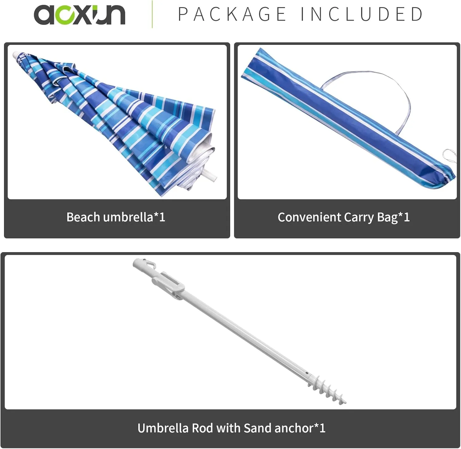 Aoxun Beach Umbrella with Tilt Pole, Portable Sand Anchor and Carry Bag, UPF 50  Sun Shelter Air Vents Design for Outdoor Activities (Navy Blue & White), 7.5ft