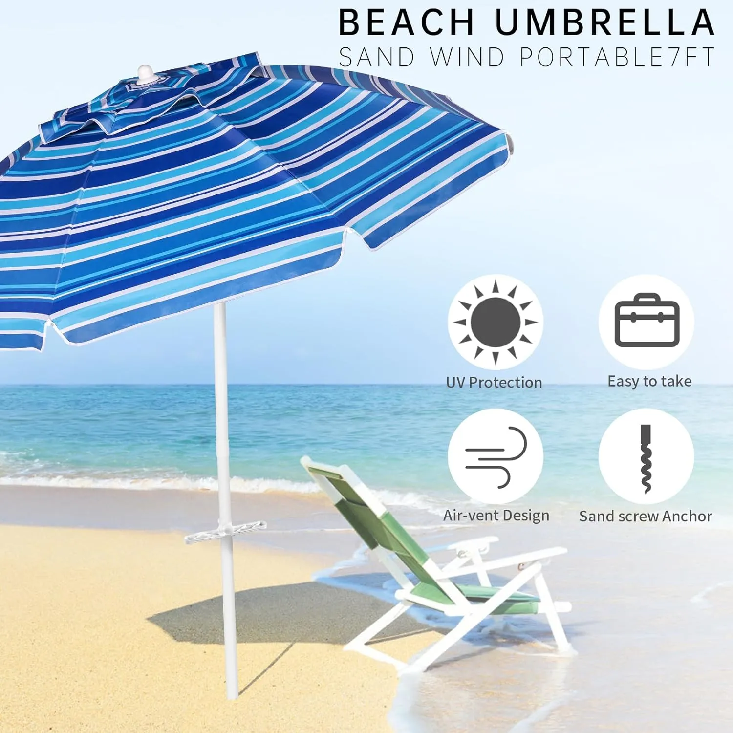 Aoxun Beach Umbrella with Tilt Pole, Portable Sand Anchor and Carry Bag, UPF 50  Sun Shelter Air Vents Design for Outdoor Activities (Navy Blue & White), 7.5ft
