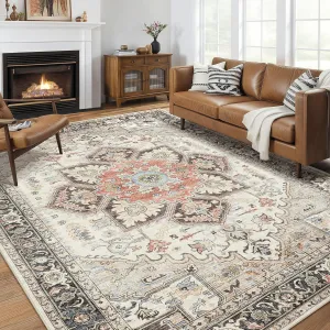 Area Rug for Living Room - 8x10 Soft Machine Washable Oriental Vintage Floral Distressed Large Indoor Floor Carpet for Bedroom Under Dining Table Home Office Decor - Multi Cream
