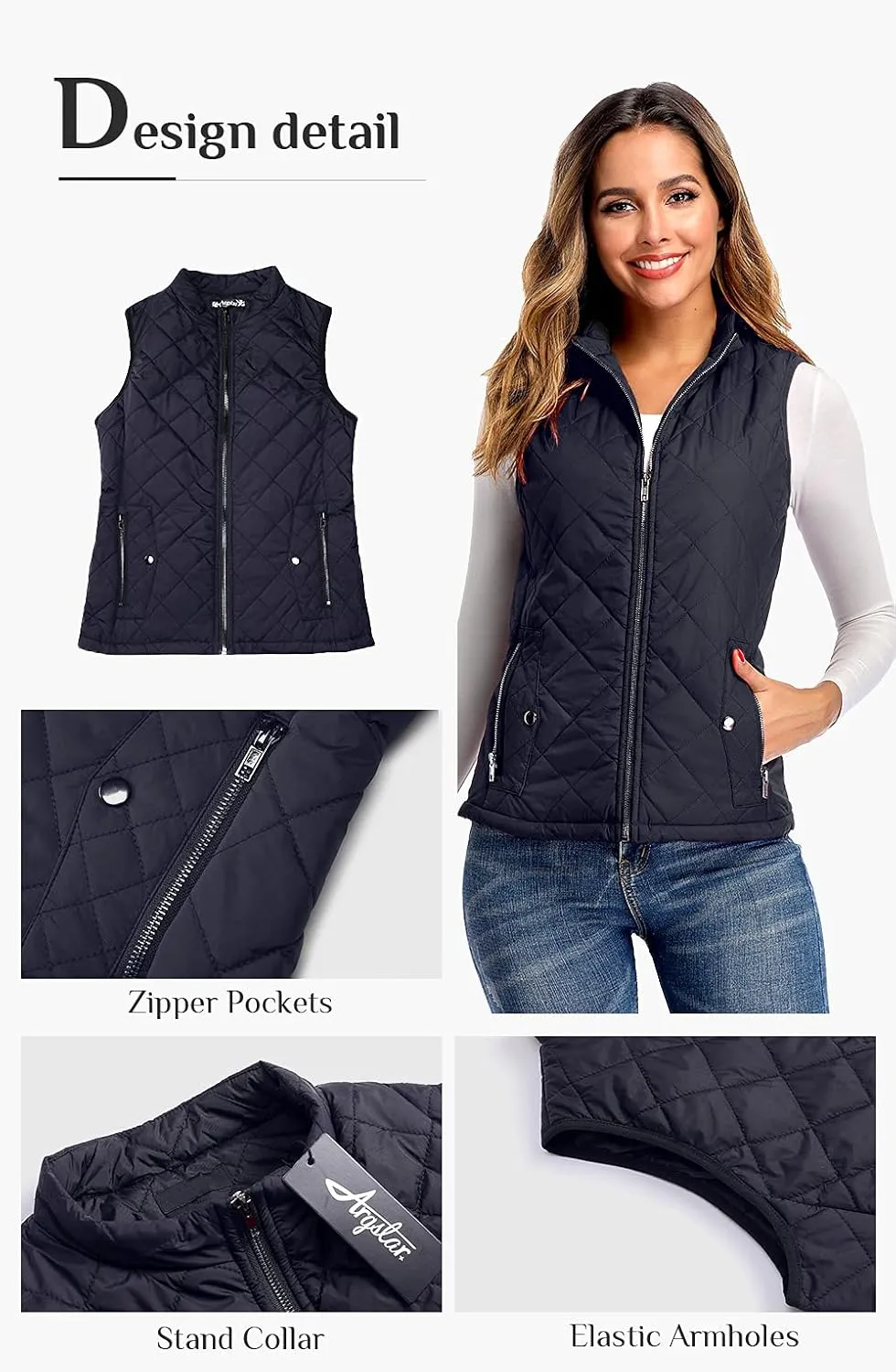 Argstar Women's Vest, Quilted Lightweight Zip Pockets Padded Gilet (XS-2XL)