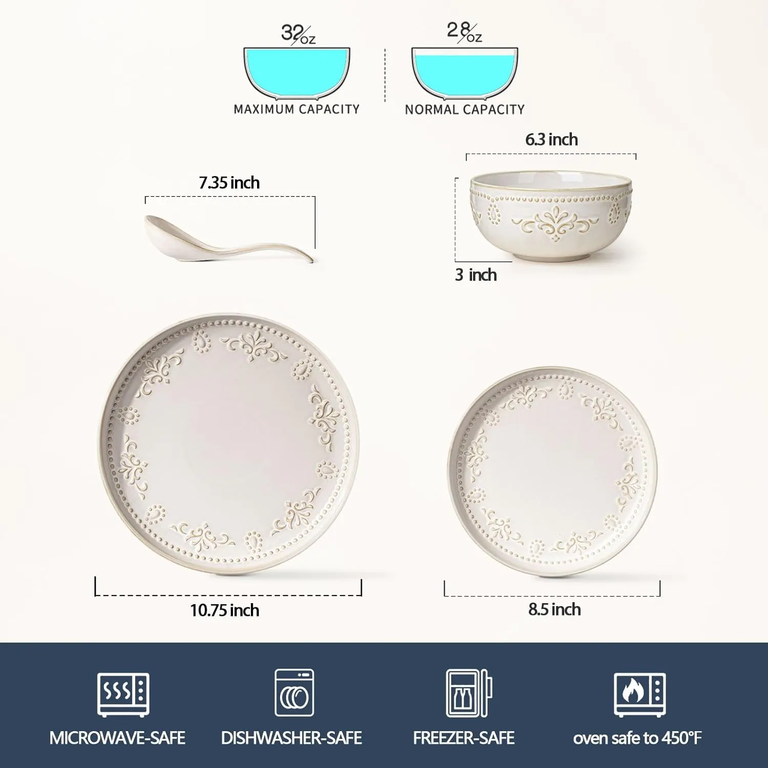 Artena Plates And Bowls Sets, 16 Pieces Dinnerware Sets, Dish Set For 4, Ceramic Kitchen Bowl And Plate Set, Embossed White Dishware Sets, Dishwasher & Microwave Safe (Damask Floral)