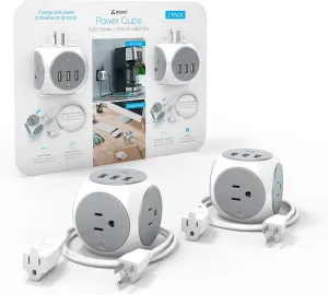 Atomi Power Cube 2-Pack – 3AC Outlets   3 Smart USB Ports   5-ft. Cable