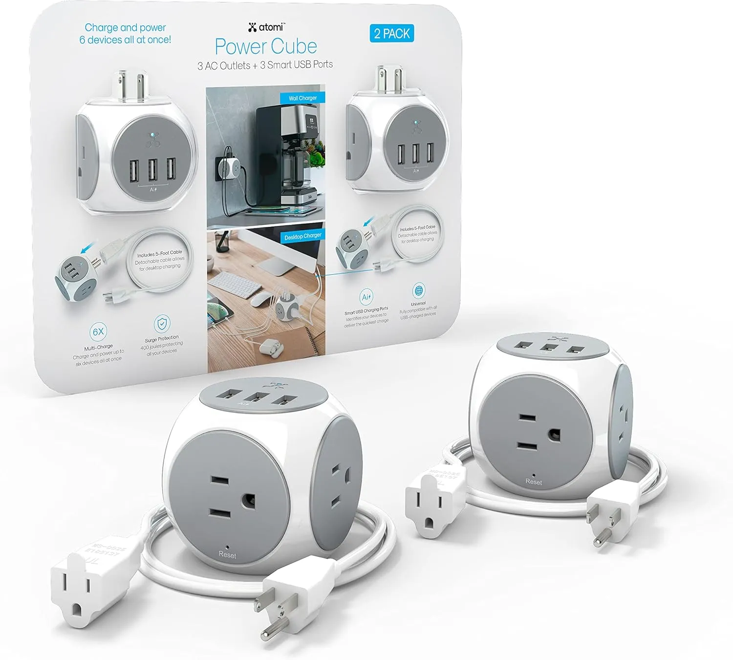 Atomi Power Cube 2-Pack – 3AC Outlets   3 Smart USB Ports   5-ft. Cable