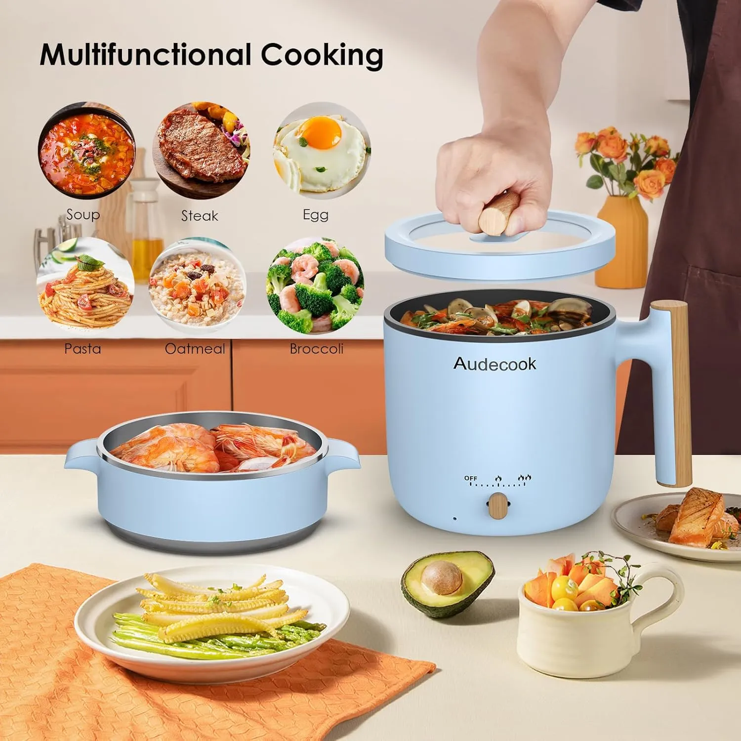 Audecook Hot Pot Electric with Steamer, 1.8L Portable Mini Travel Cooker, Multifunctional Non-Stick Electric Skillet for Stir Fry/Stew/Steam, Perfect for Ramen Noodles/Pasta/Egg/Soup/Oatmeal(Blue)