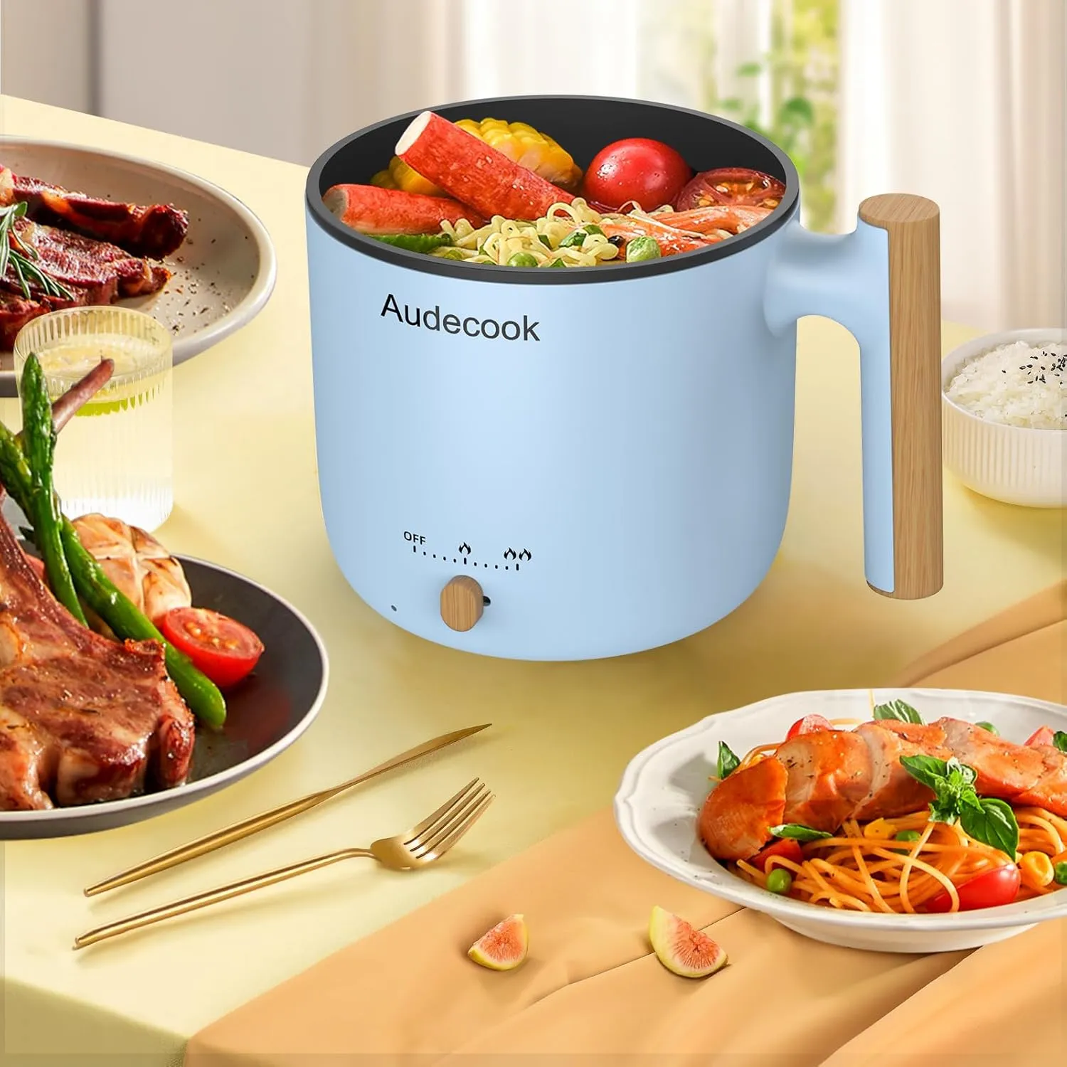 Audecook Hot Pot Electric with Steamer, 1.8L Portable Mini Travel Cooker, Multifunctional Non-Stick Electric Skillet for Stir Fry/Stew/Steam, Perfect for Ramen Noodles/Pasta/Egg/Soup/Oatmeal(Blue)