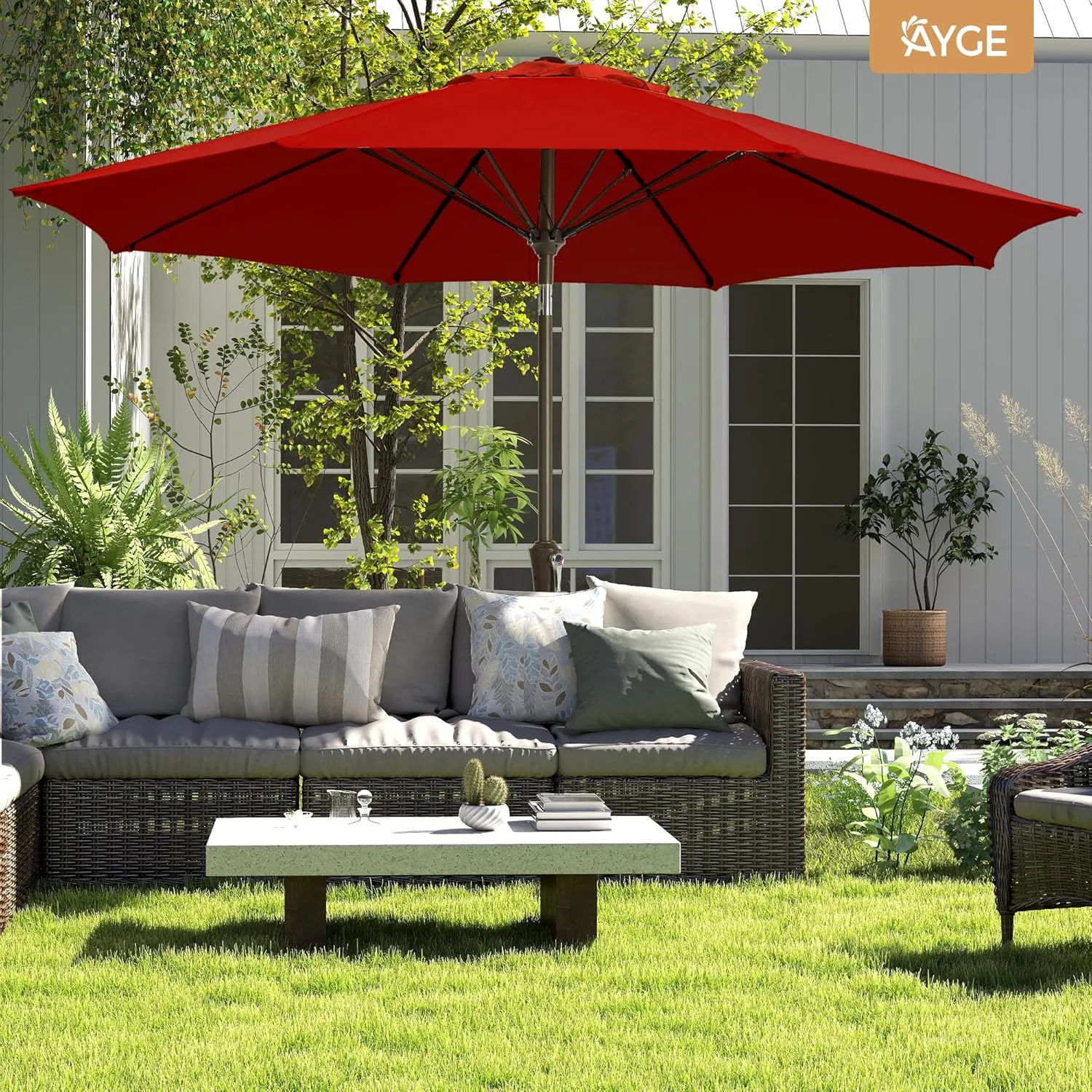 Ayge 9FT Large Outdoor Patio Umbrella Market Table Umbrella-UV Resistant, Easy Push Button Tilt and Crank, 8 Sturdy Fiberglass Ribs Heavy-Duty Pool Umbrella for Deck, Backyard,Garden