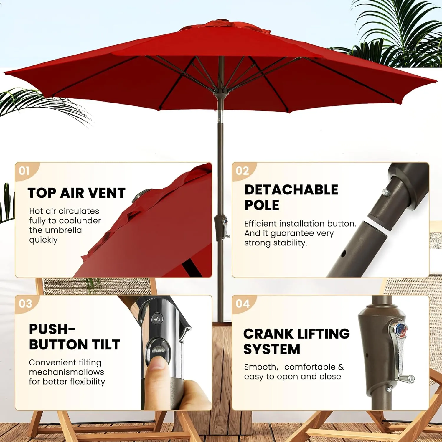 Ayge 9FT Large Outdoor Patio Umbrella Market Table Umbrella-UV Resistant, Easy Push Button Tilt and Crank, 8 Sturdy Fiberglass Ribs Heavy-Duty Pool Umbrella for Deck, Backyard,Garden