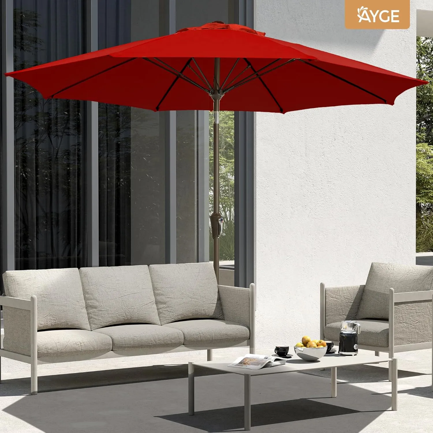 Ayge 9FT Large Outdoor Patio Umbrella Market Table Umbrella-UV Resistant, Easy Push Button Tilt and Crank, 8 Sturdy Fiberglass Ribs Heavy-Duty Pool Umbrella for Deck, Backyard,Garden