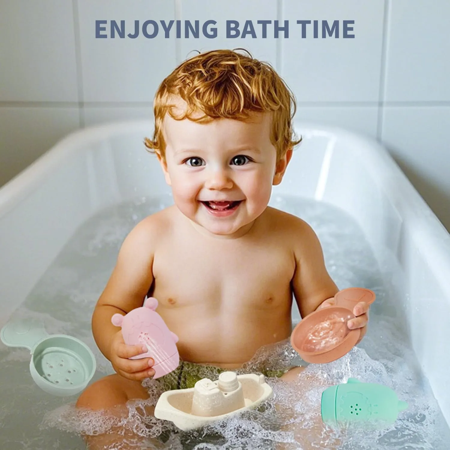 Baby Bath Toys for Kids Ages 1-3 15 PCS Mold Free Toddler Bath Toys for 2-4 Bathtub Water Table Pool Toys with Stackable Boats and Spoons and Silicone Bath Toy for Babies 6-12 Months