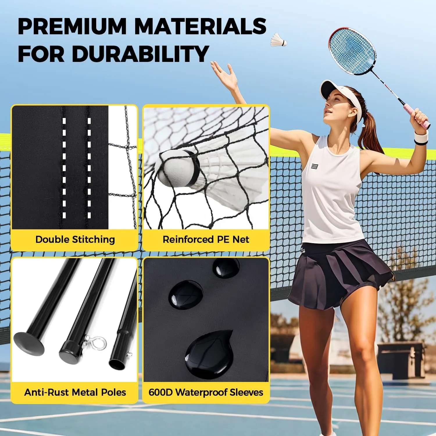 BAGAIL Outdoor Badminton Net Set with Anti-Sag Winch System - Official Size 20ft x 5ft, 4 Rackets, 3 Shuttlecocks, Durable PE Net & Carry Bag for Backyard, Beach, Family Games