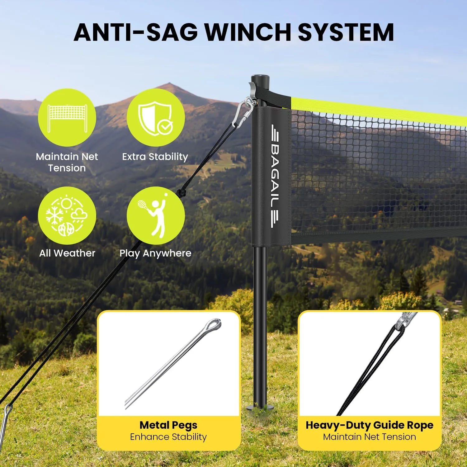 BAGAIL Outdoor Badminton Net Set with Anti-Sag Winch System - Official Size 20ft x 5ft, 4 Rackets, 3 Shuttlecocks, Durable PE Net & Carry Bag for Backyard, Beach, Family Games