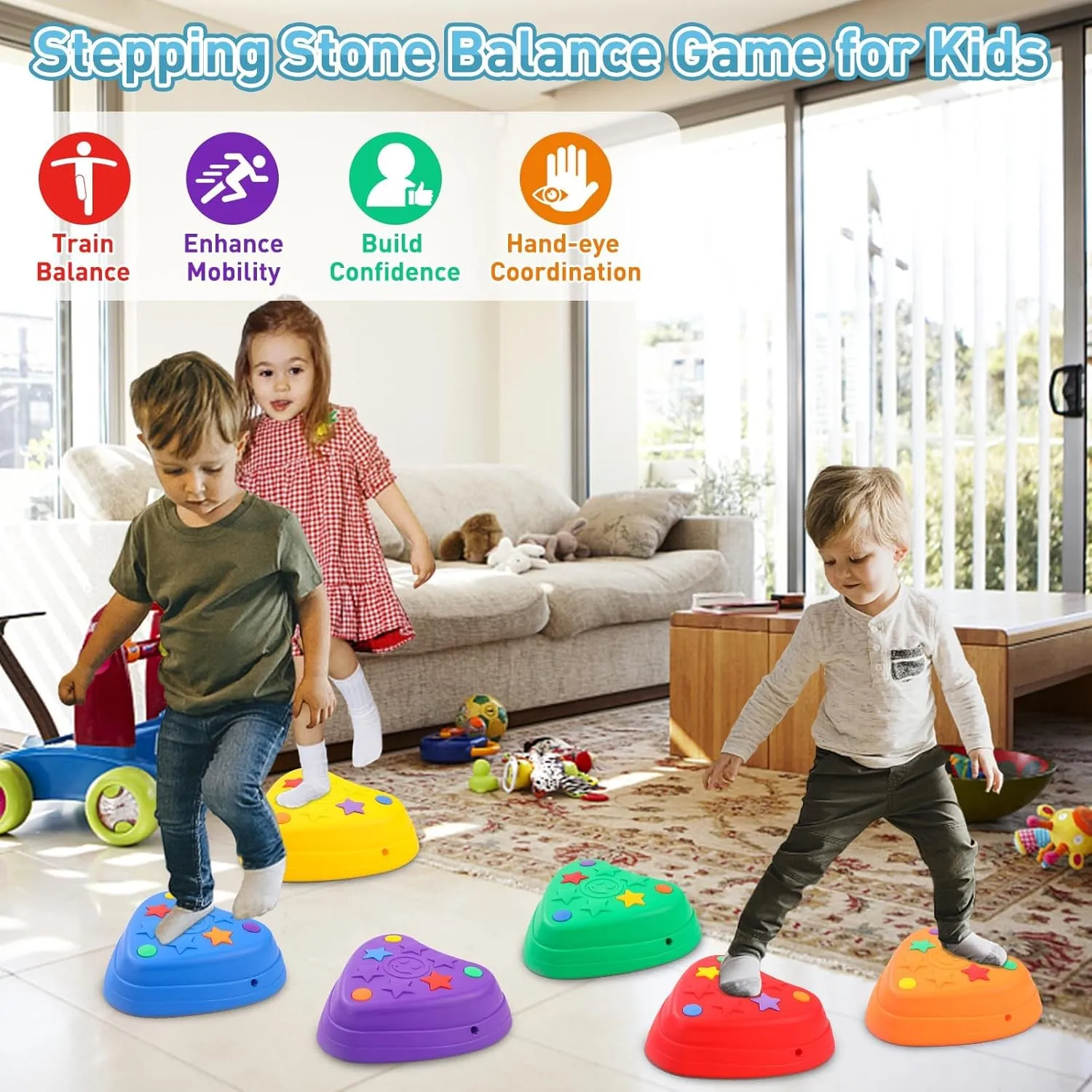 Balance Stepping Stones for Kids, Anti-Slip Rubber Non-Toxic Stackable Sensory Toys, Toddler Obstacle Course Equipment for Indoor/Outdoor Play, Gift Ready for Boys & Girls Ages 3 