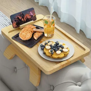 Bamboo Sofa Arm Tray Table with Rotating Mobile Holder, Foldable Clip-On Design- new but no original packaging