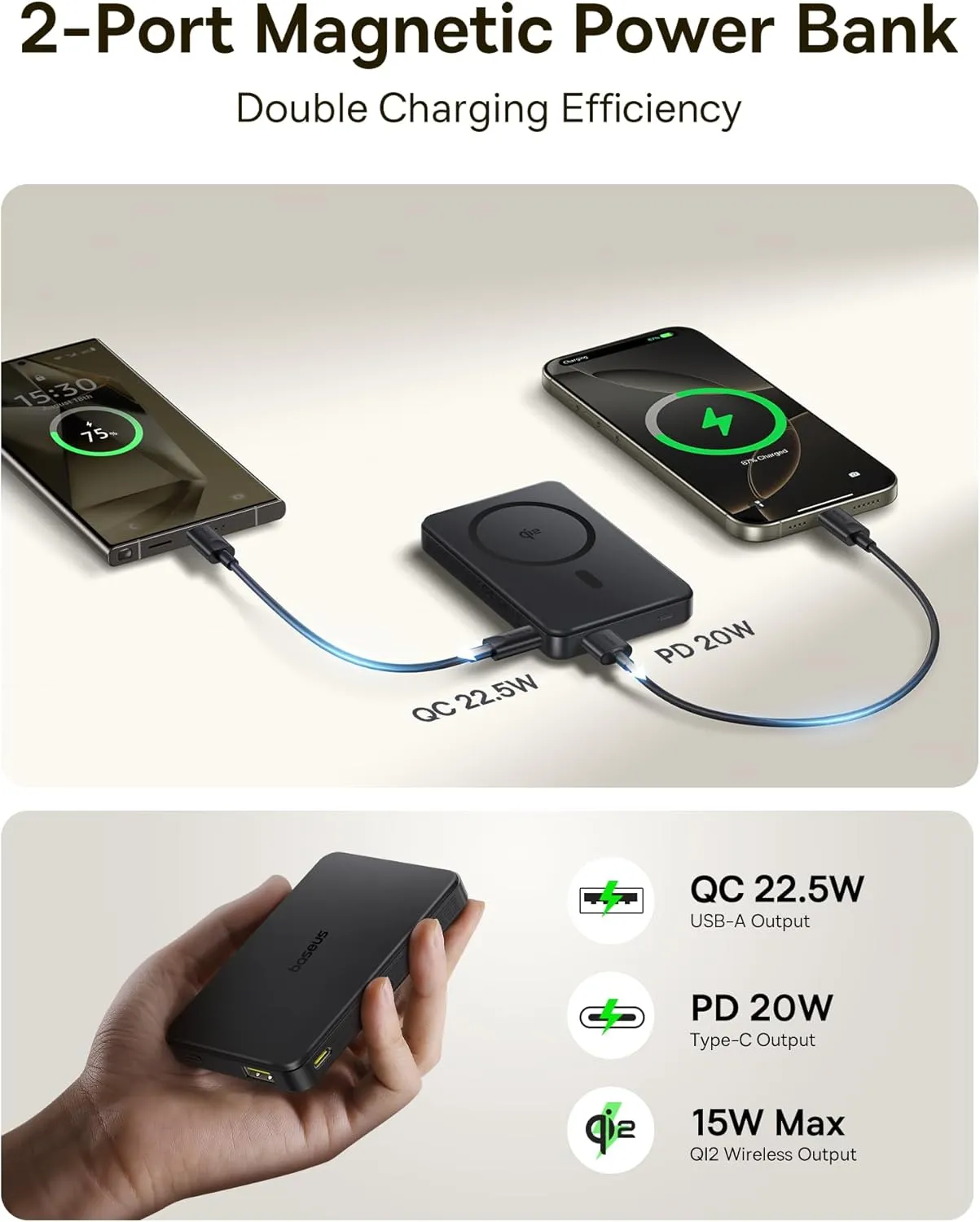 Baseus Magsafe Portable Charger, Qi2 Certified 10,000mAh Magnetic Power Bank, 2-Port Wireless Magsafe Battery Pack with Fast Charging USB-C & USB-A for iPhone 16/15/14/13/12 Series, 2025 New Version