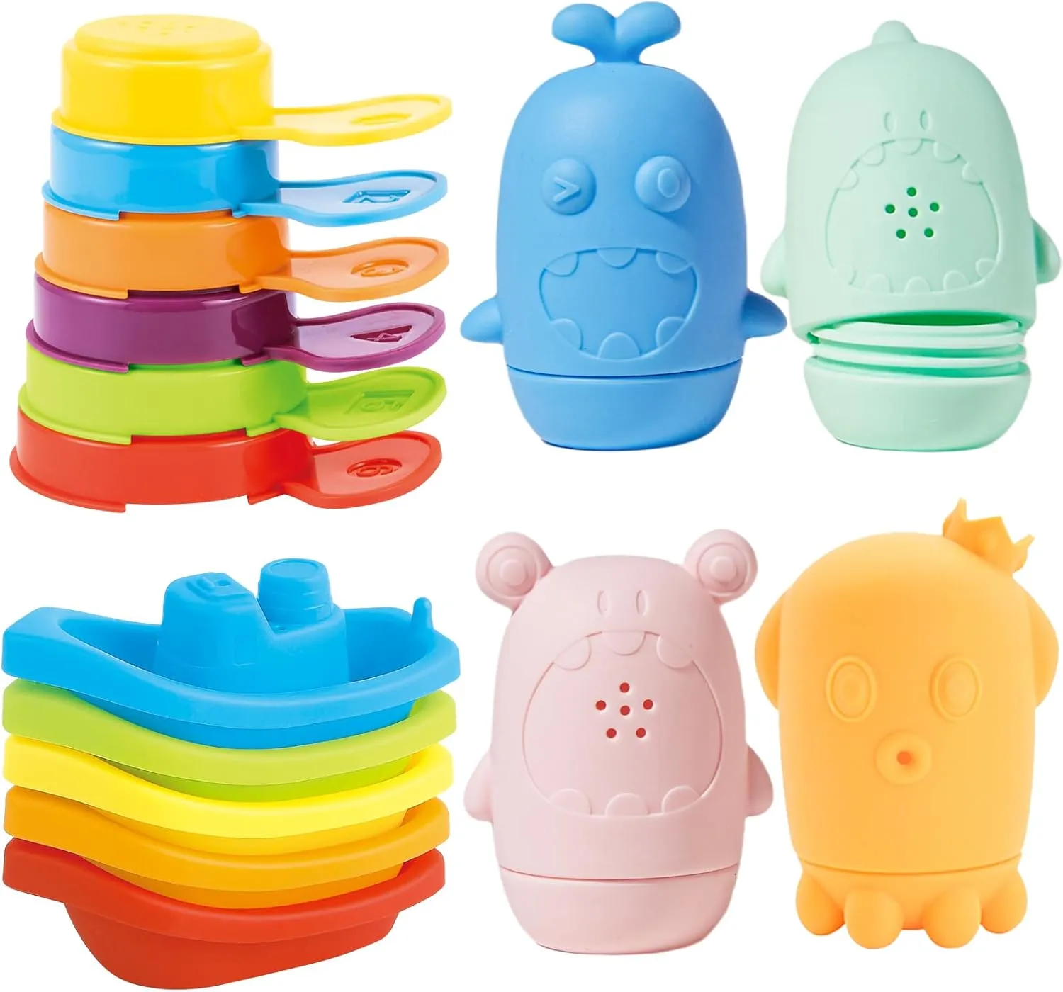 Bath Toys for Kids Ages 1-3, 15 PCS Mold Free Toddler Bath Toys for 2-4 Bathtub Water Table Pool Toys with Stackable Boats and Spoons and Silicone Bath Toy for Babies 6-12 Months, Baby Gifts