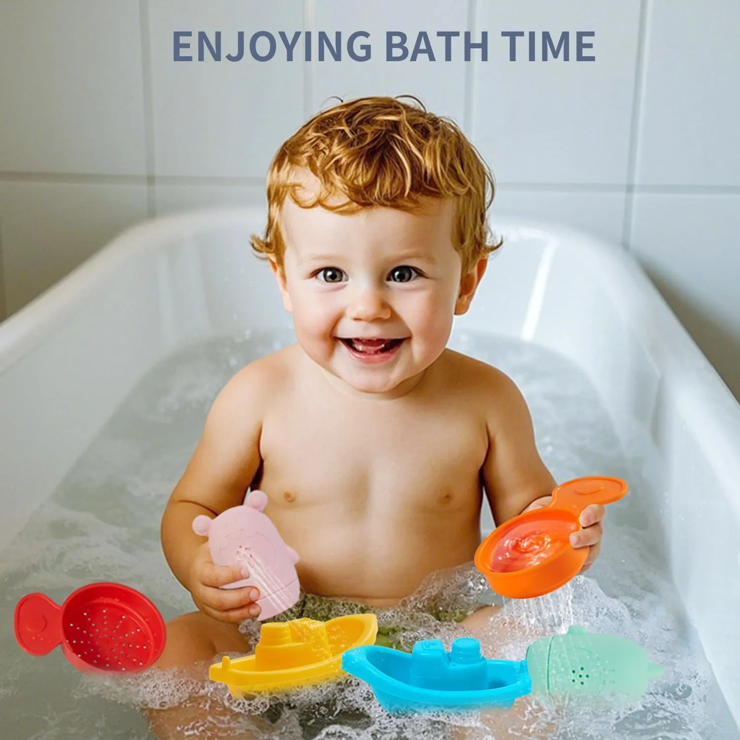 Bath Toys for Kids Ages 1-3, 15 PCS Mold Free Toddler Bath Toys for 2-4 Bathtub Water Table Pool Toys with Stackable Boats and Spoons and Silicone Bath Toy for Babies 6-12 Months, Baby Gifts