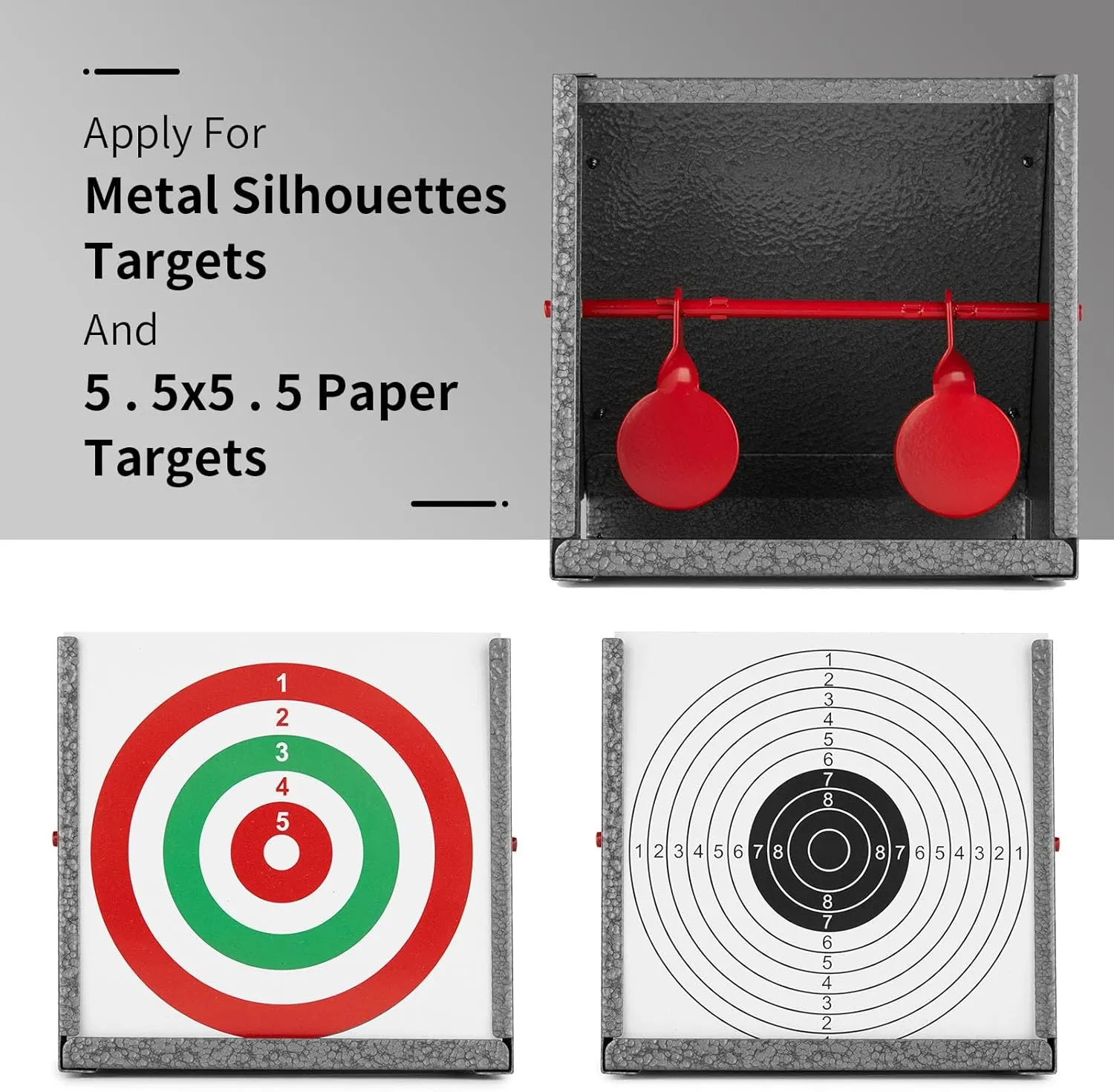 BB Gun Target Trap, Airsoft and Pellet Gun Shooting Targets With 10pcs Paper Target, Resetting Metal Silhouettes for Backyard, Outdoor, Indoor - Small Size
