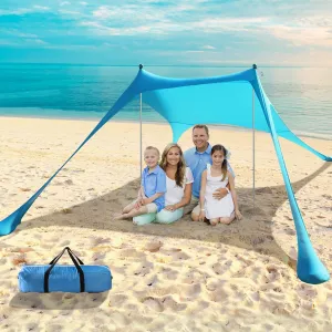 Beach Tent - Beach Canopy UPF 50  UV Protection, 9.8 x 6.5 FT, Anti-Wind Beach Shade with 2 Windproof Ropes, 2 Poles, 1 Portable Bag, Beach Tent Sun Shelter Perfect for Picnics, Outdoors - Turquoise