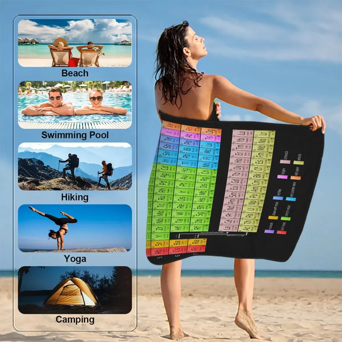 Beach Towel Chemical Element Table Lightweight Microfiber Beach Towels for Women Men Kids 61"x31" Quick Dry Soft Beach Blanket Pool Yoga Gym Travel Swimming Bath Shower Towel Vacation Gift