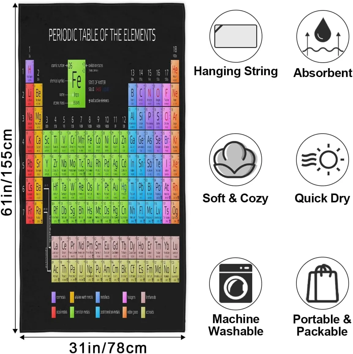 Beach Towel Chemical Element Table Lightweight Microfiber Beach Towels for Women Men Kids 61"x31" Quick Dry Soft Beach Blanket Pool Yoga Gym Travel Swimming Bath Shower Towel Vacation Gift