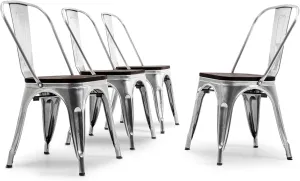 BELLEZE Metal Dining Chairs Set of 4, Stackable, Vintage Farmhouse Chairs with Detachable Backrest and Wood Seat, Weather Resistant Tolix Chair for Indoor Outdoor - Alexander (Gunmetal)