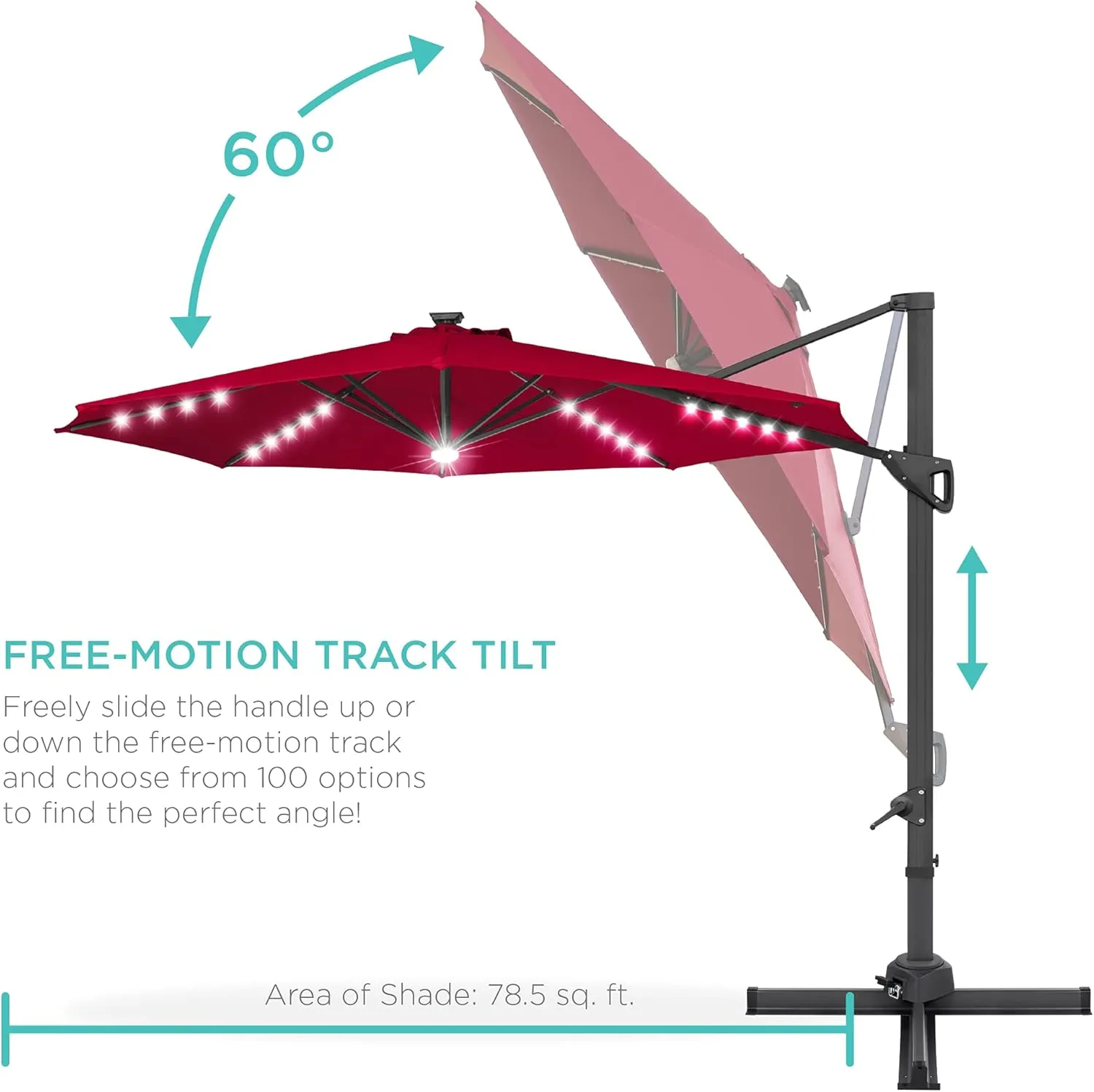Best Choice Products 10ft Solar LED Cantilever Patio Umbrella, 360-Degree Rotation Hanging Offset Market Outdoor Sun Shade for Backyard, Deck, Poolside w/Lights, Easy Tilt, Cross Base