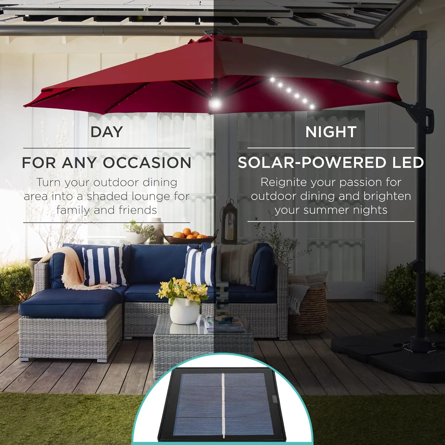 Best Choice Products 10ft Solar LED Cantilever Patio Umbrella, 360-Degree Rotation Hanging Offset Market Outdoor Sun Shade for Backyard, Deck, Poolside w/Lights, Easy Tilt, Cross Base