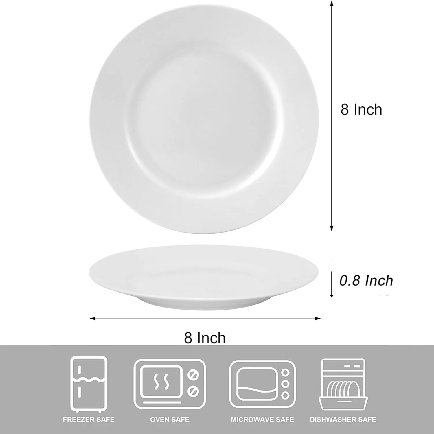 bestone 8 Inch Porcelain White Salad Plates Set, Porcelain Dessert/Salad Plate，Classic Round with Wide Rim, Lead-Free,Dishwasher, Microwave, Freezer, Oven Safe, for Everyday Use-Set of 6