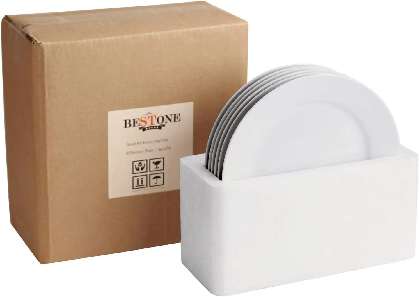 bestone 8 Inch Porcelain White Salad Plates Set, Porcelain Dessert/Salad Plate，Classic Round with Wide Rim, Lead-Free,Dishwasher, Microwave, Freezer, Oven Safe, for Everyday Use-Set of 6