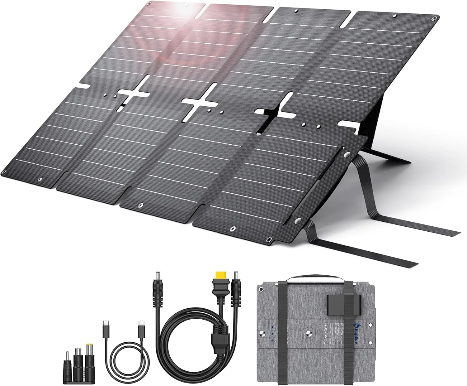 BigBlue 60W Portable Compact Solar Panel with PD 45W USB-C, 20W USB-A, DC Ports for Power Stations, Cellphones, Power Banks, Tablets, IP68 Waterproof, Foldable Camping Solar Charger with Kickstand