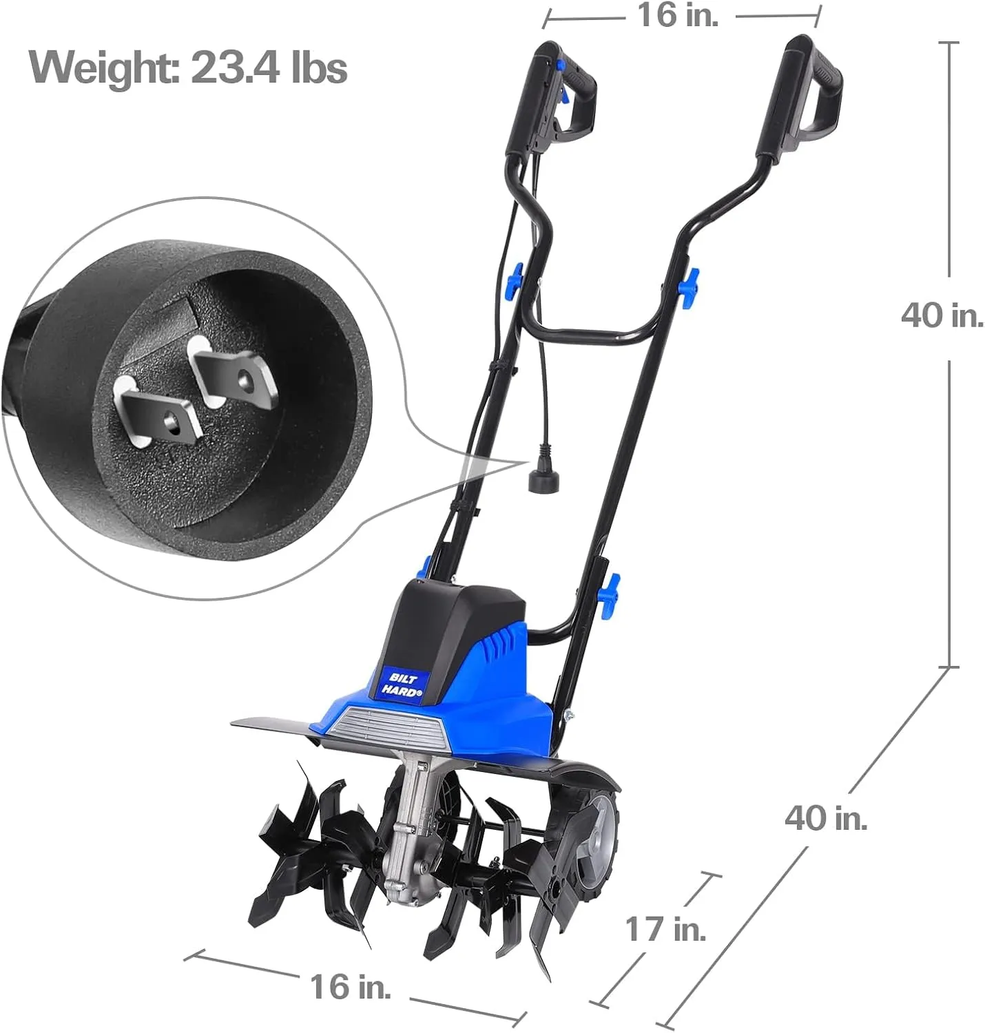 BILT HARD Tiller Cultivator 16 inch, 13.5 Amp 6 Steel Tines Tillers for Gardening Foldable, Electric Garden Rototiller with Adjustable Wheels