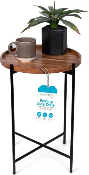 BIRDROCK HOME Folding Side Table with Removable Wood Tray - Modern Accent, Foldable End Table for Living Room, Bedroom - Portable Serving Tray for Decoration, Coffee, Drinks & Food - Natural Acacia