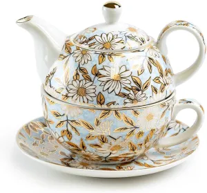 Blue and Gold Daisy Fine Porcelain Tea For One Set, Spring Tea Set For One