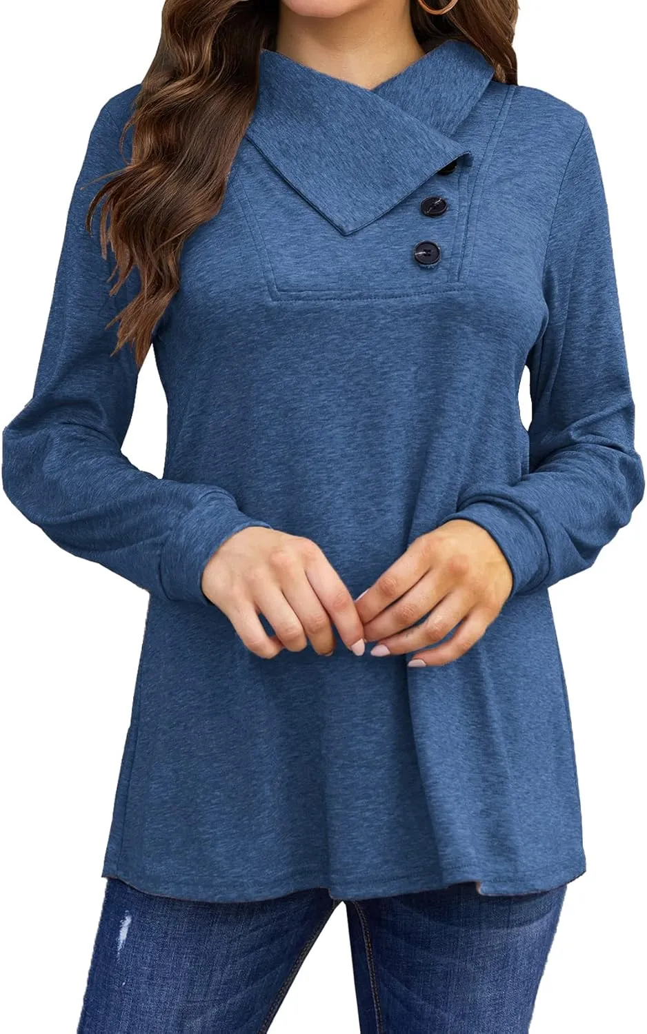 Bluetime Women's Fall Long Sleeve Cowl Neck Button Tunic Tops Lightweight Sweatshirts