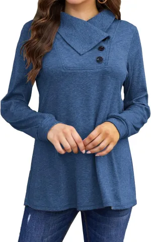 Bluetime Women's Fall Long Sleeve Cowl Neck Button Tunic Tops Lightweight Sweatshirts